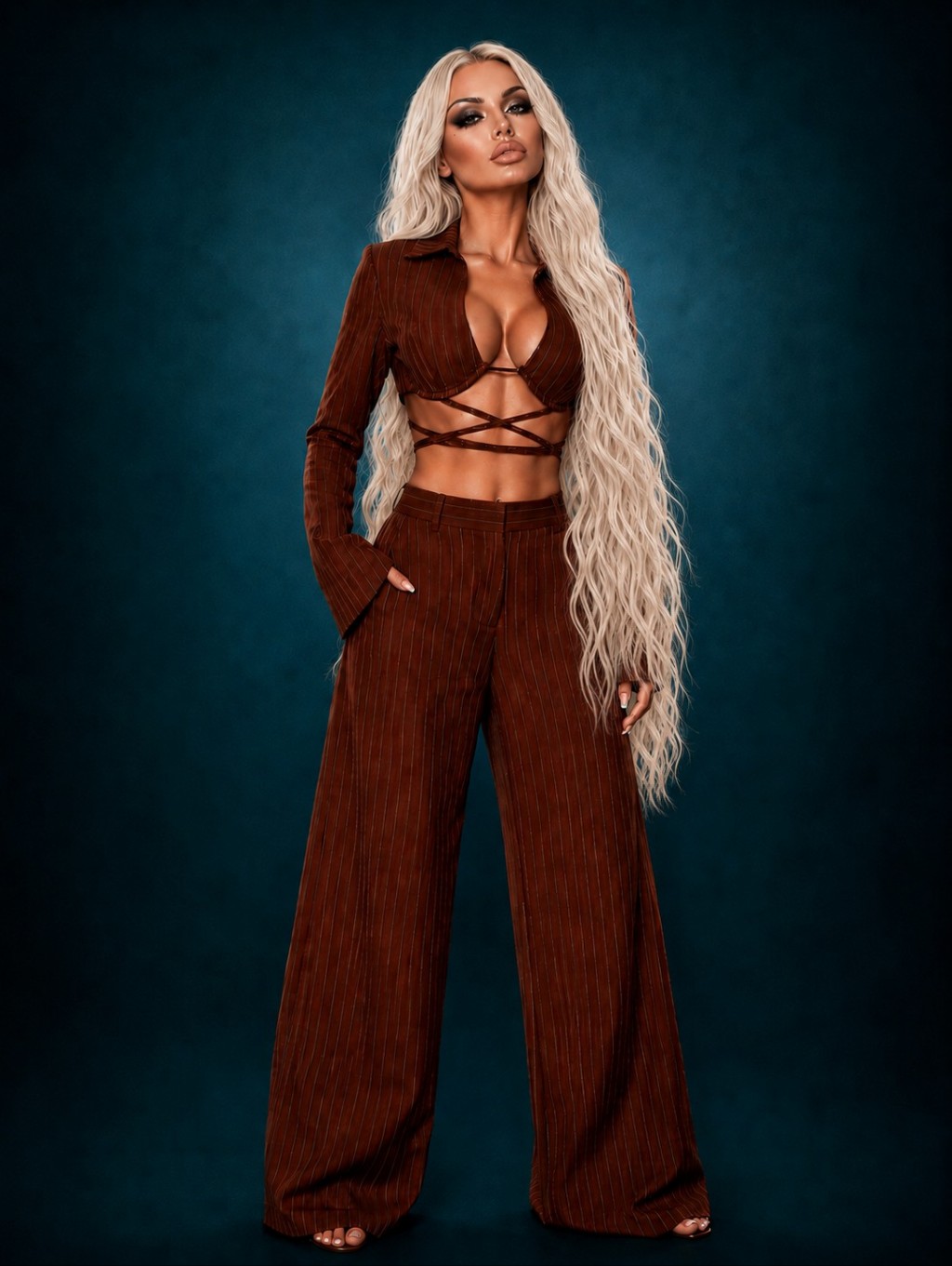 Plt Chocolate Brown Pinstripe Crop Top Pantsuit!!!